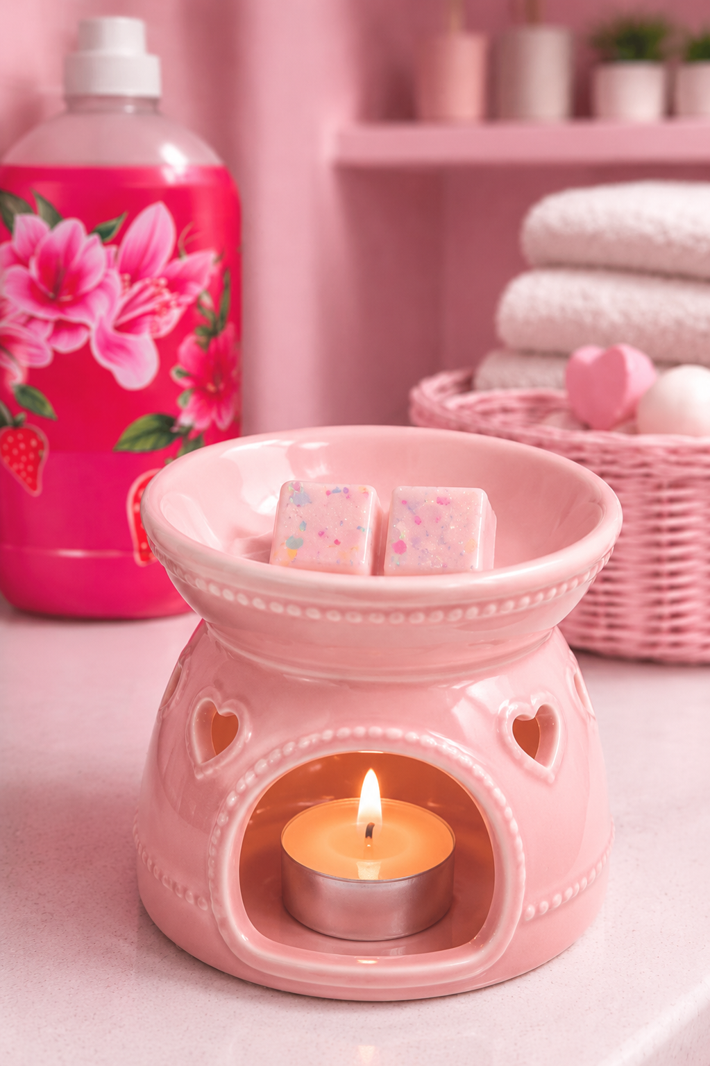 A pink ceramic candle warmer with a lit tealight candle inside and wax melts, shown in a softly styled bathroom or spa setting with pink accessories and folded towels in the background.
