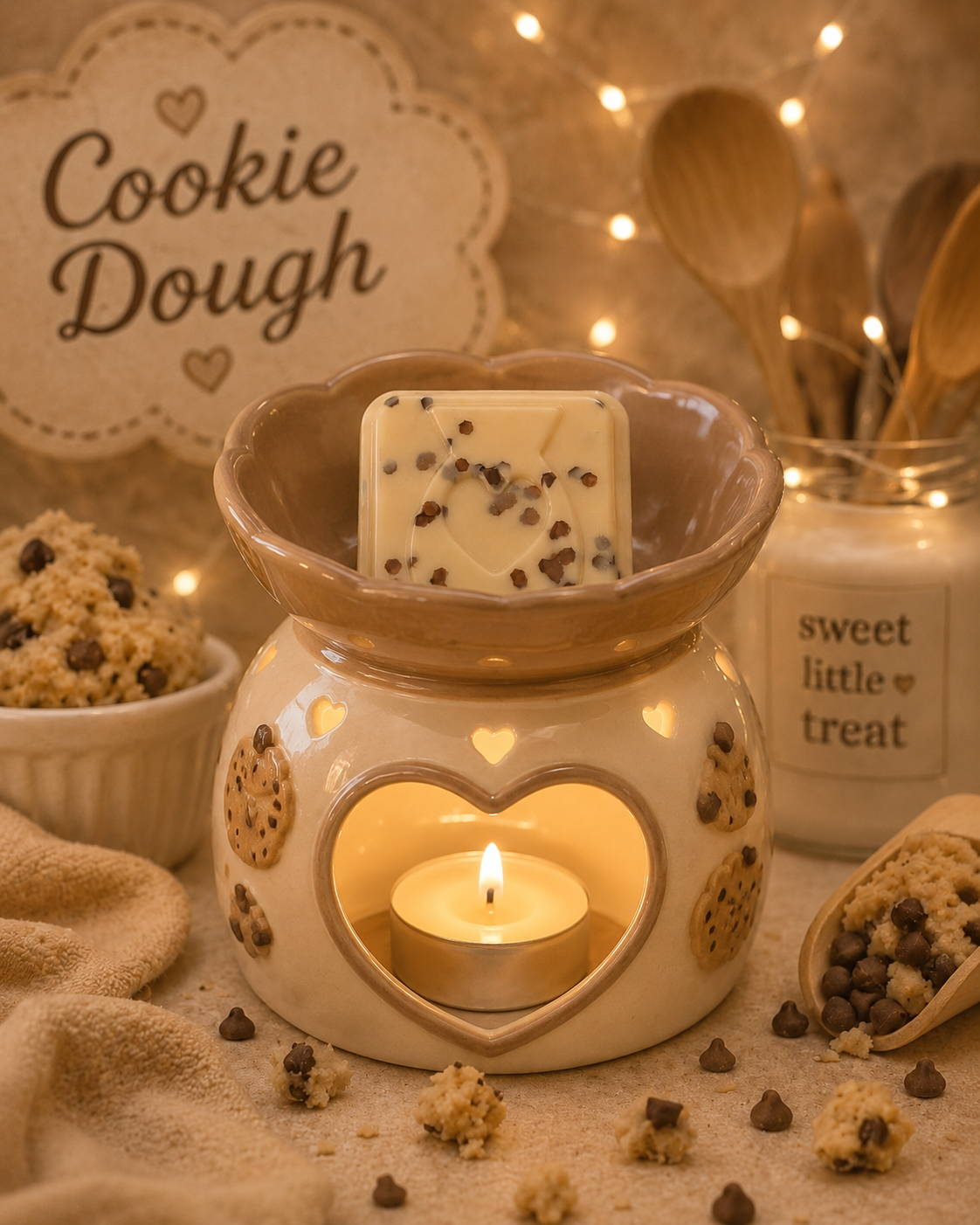 Cookie dough wax melt sample in burner surrounded by cookie dough decor. 