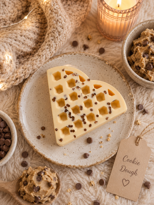A heart-shaped cookie dough waffle wax melt on a speckled beige plate, styled in a cozy holiday flat-lay with bowls of chocolate chip cookie dough, a knitted blanket, a lit candle, and a paper tag that reads 'Cookie Dough'.
