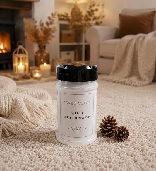 A jar candle labeled 'Cosy Afternoon' carpet freshener. sits on a beige carpet in a cozy, warmly lit living room setting with a fireplace, candles, and knitted blankets.