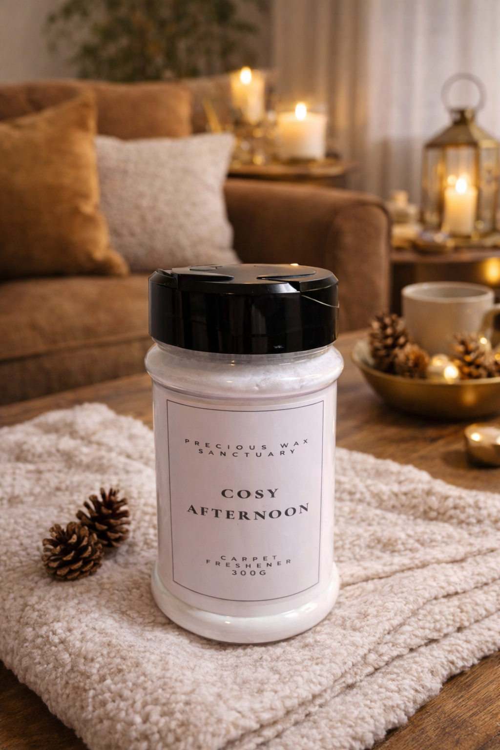 Jar of 'Cosy Afternoon' carpet freshener on a table with a cozy living room background