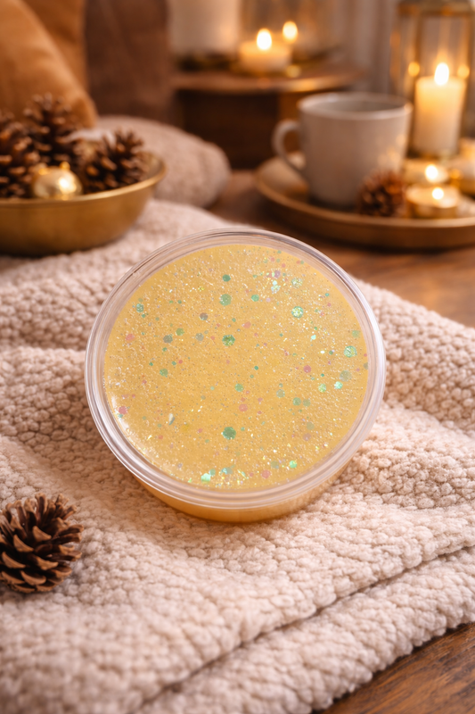 glitter gel wax melt pot on a textured surface with candles and pinecones in the background