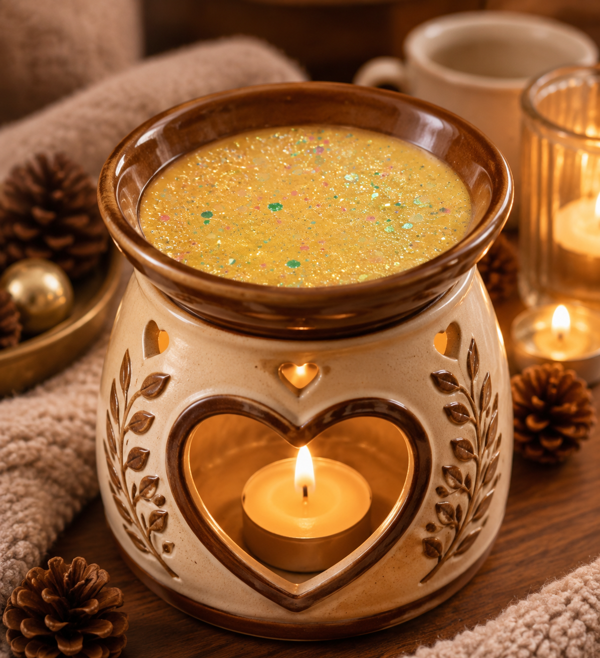 Cosy afternoon gel wax mel in burner surrounded by cosy home decor.