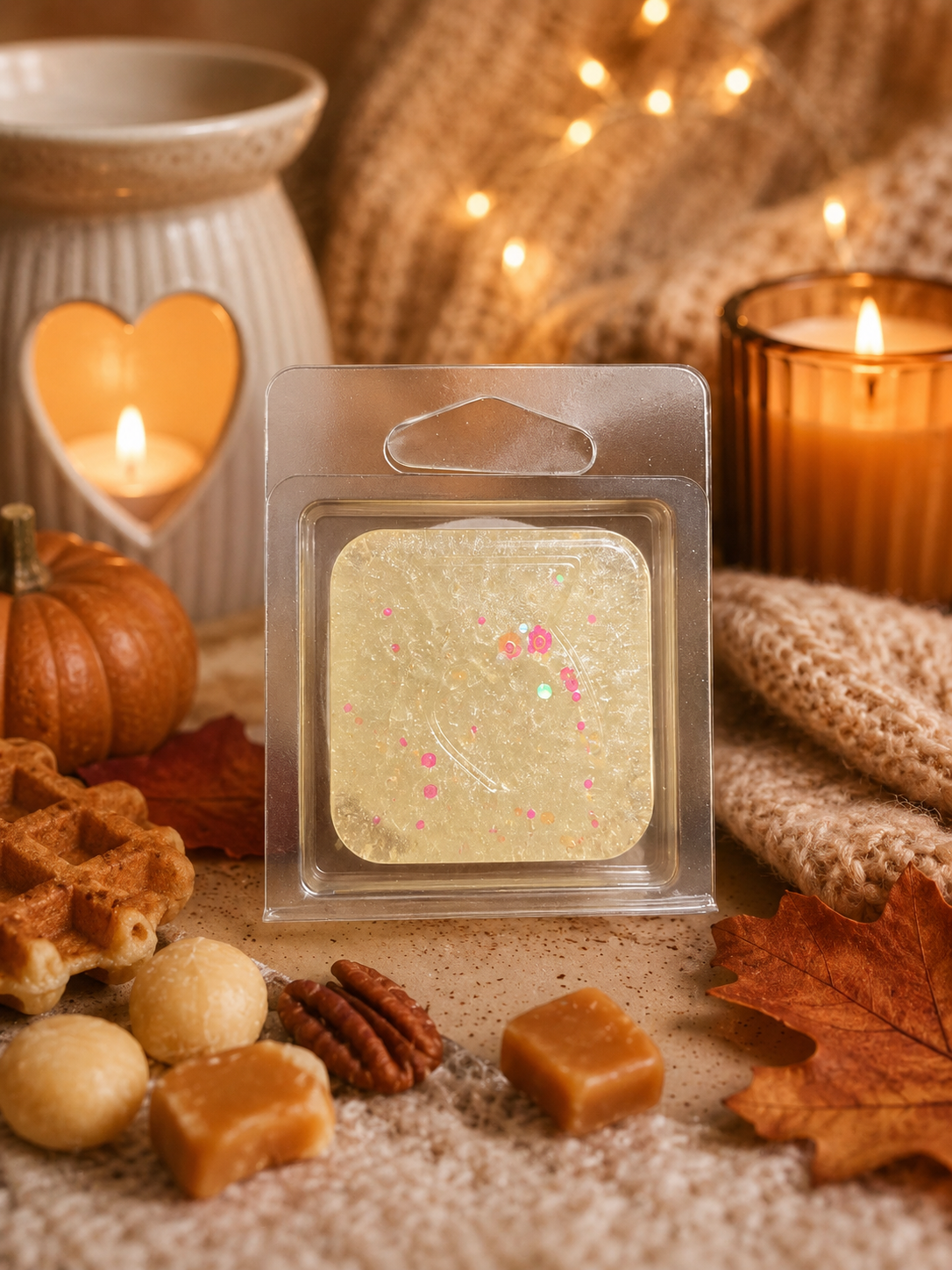 cosy afternoon gel wax melt sample surrounded by cosy pumpkin autumn theme.