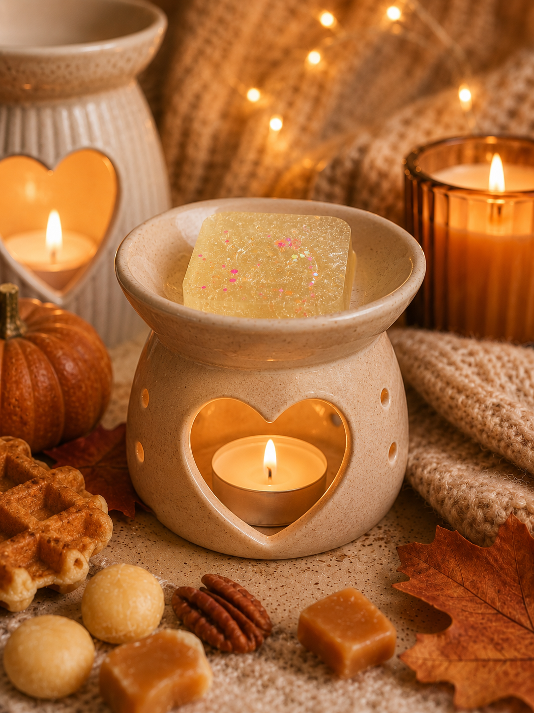 A beige ceramic heart-shaped wax warmer with a lit tealight candle inside, holding a square gel wax melt with pink glitter flakes. The scene is styled with autumn props including a small pumpkin, waffles, caramel pieces, pecans, an oak leaf, and other warm candles on a cozy knit blanket.