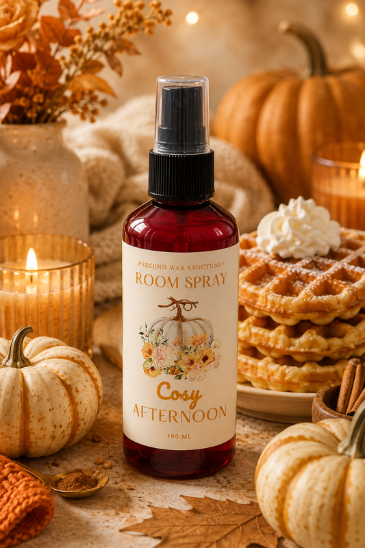 A 100 ml room spray bottle labeled 'Cosy Afternoon' by Product Wax Sanctuary, styled in a warm autumn setting with pumpkins, candles, waffles, and whipped cream.