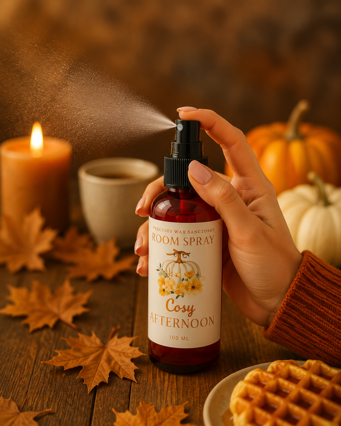 Cosy afternoon room spray cosy autumn backfround theme with pumpkins and waffles.