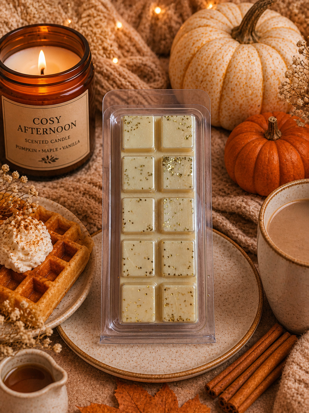Packaged wax melts with a candle, waffles, pumpkins, and cinnamon on a cozy autumn-themed setting.