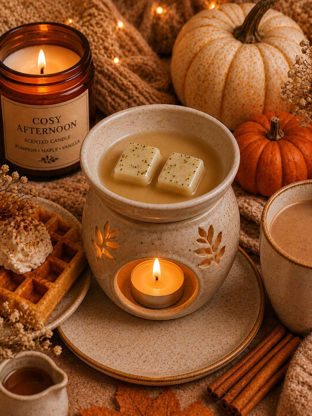 A cozy autumn-themed product scene featuring a scented candle in an amber glass jar labeled 'COSY AFTERNOON' next to a ceramic wax warmer with a lit tealight and two wax cubes. The scene is styled with pumpkins, a waffle, cinnamon sticks, a mug of hot cocoa, and knitted blankets on a warm neutral background.