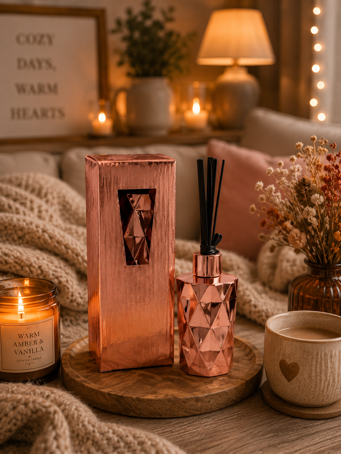 A faceted copper-toned reed diffuser bottle with black reeds stands beside its matching rectangular box on a round wooden tray, styled in a cozy bedroom scene with a lit candle, mug, dried flowers, and warm ambient lighting.