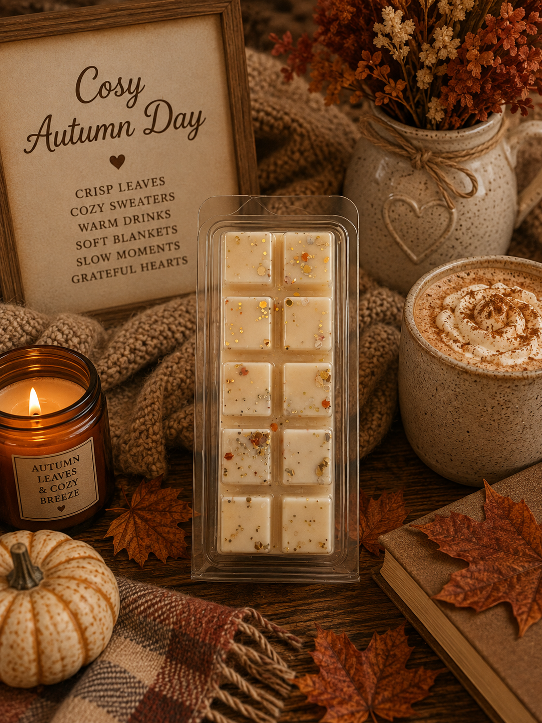 A clear plastic clamshell package containing cream-colored wax melts with small scattered botanical pieces, styled on a wooden surface with autumn props including a candle, mug of hot cocoa with whipped cream, dried flowers, leaves, a small pumpkin, and a sign reading 'Cosy Autumn Day'.