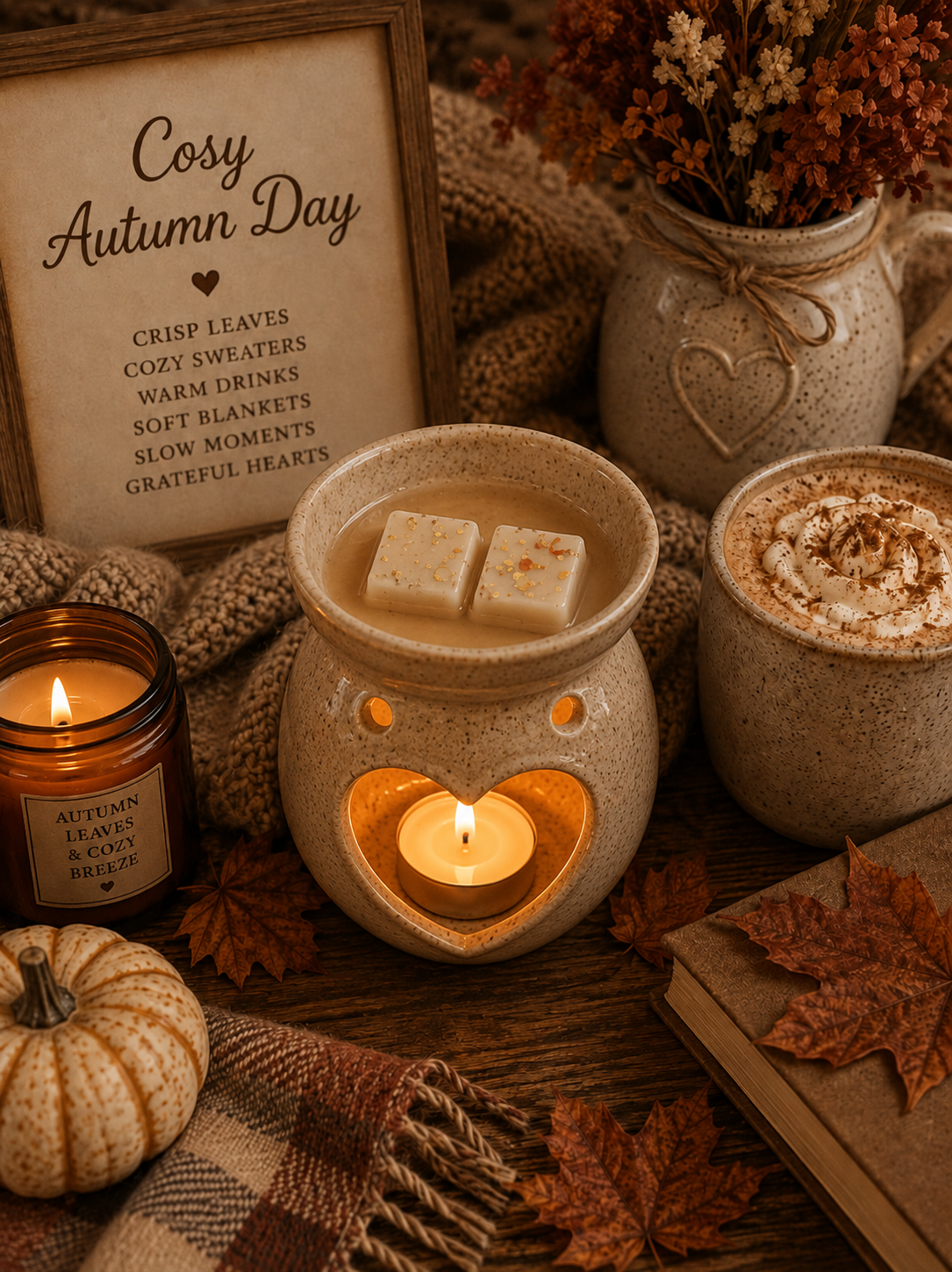 cosy autumn day scented wax melts in burner with cosy autumn decor background theme.