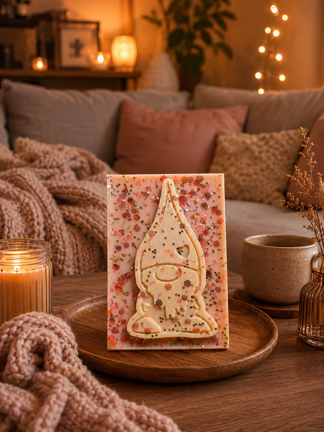A rectangular handmade wax melt featuring a gnome silhouette and pink floral speckles, displayed on a wooden tray in a cozy, warmly lit living room setting with a knitted blanket, candles, and a mug.
