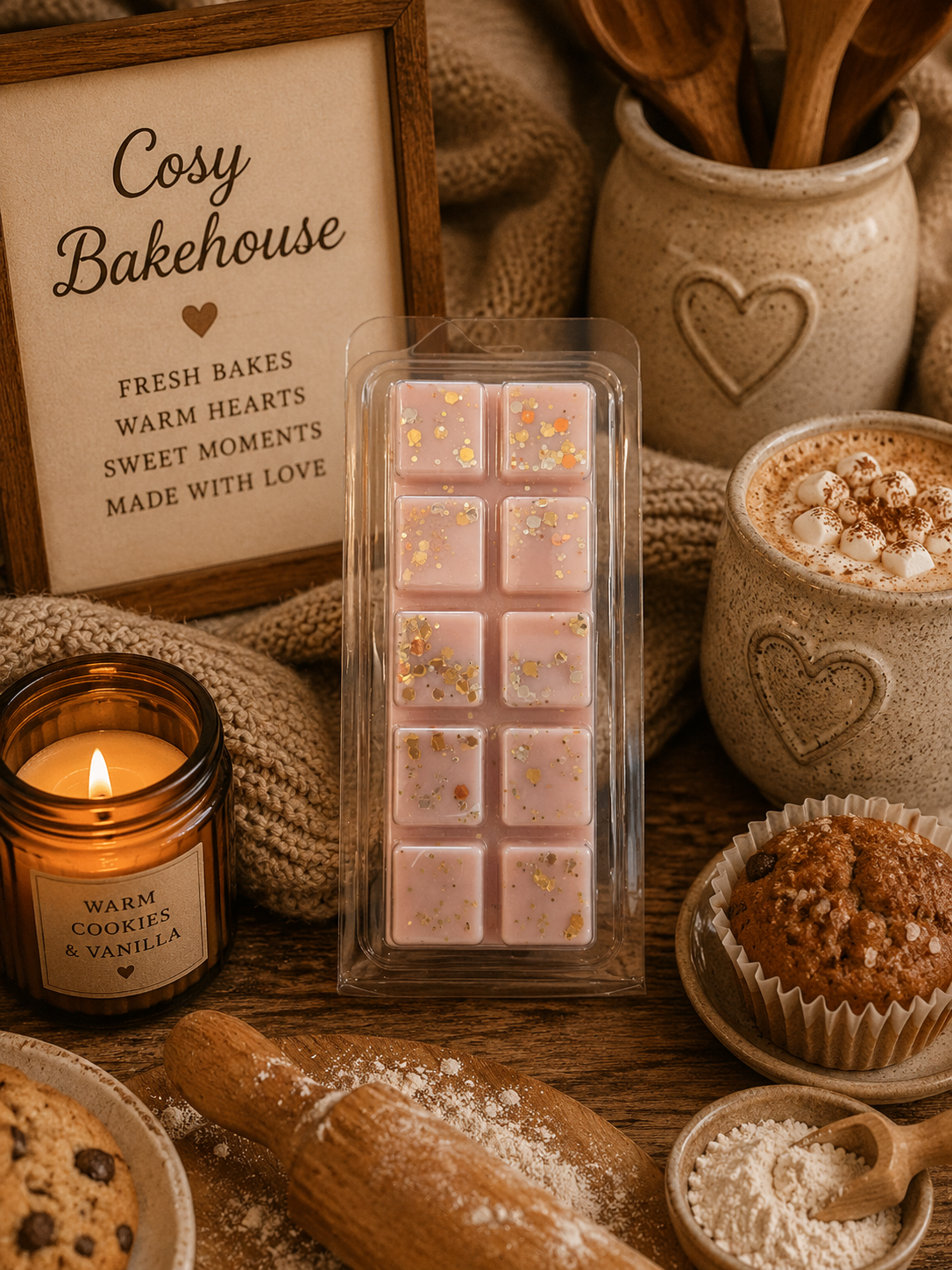 A light brown wax melt bar with small gold leaf flakes, presented in a clear plastic clamshell package. The package is styled on a rustic wooden table with cozy baking-themed props, including a 'Cosy Bakehouse' sign, a burning candle, a muffin, and a rolling pin.