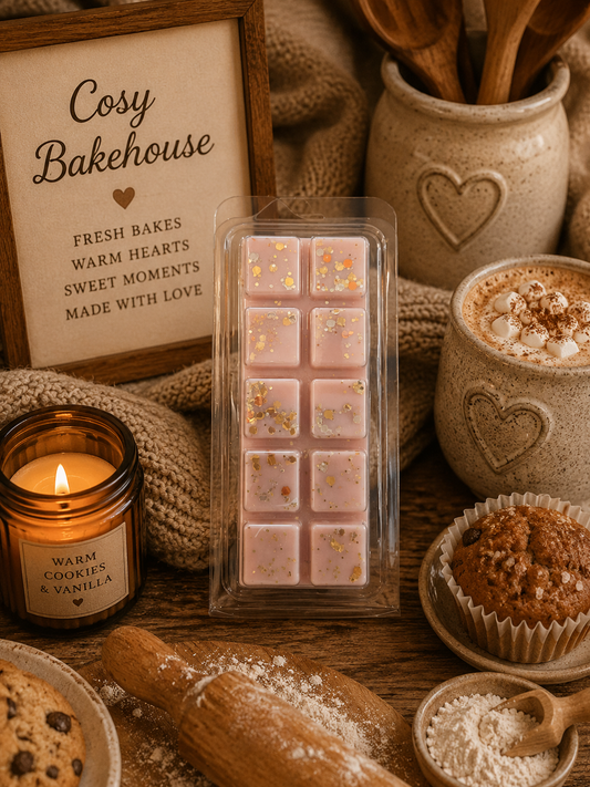 A light brown wax melt bar with small gold leaf flakes, presented in a clear plastic clamshell package. The package is styled on a rustic wooden table with cozy baking-themed props, including a 'Cosy Bakehouse' sign, a burning candle, a muffin, and a rolling pin.