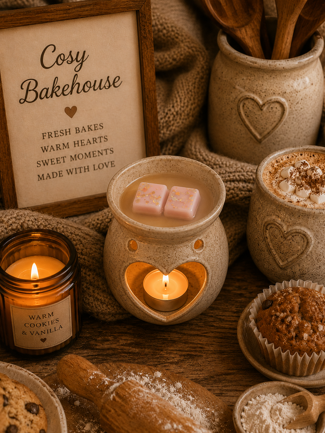 cosy bakehouse scented wax melts in burner with cosy autumn bakery theme.
