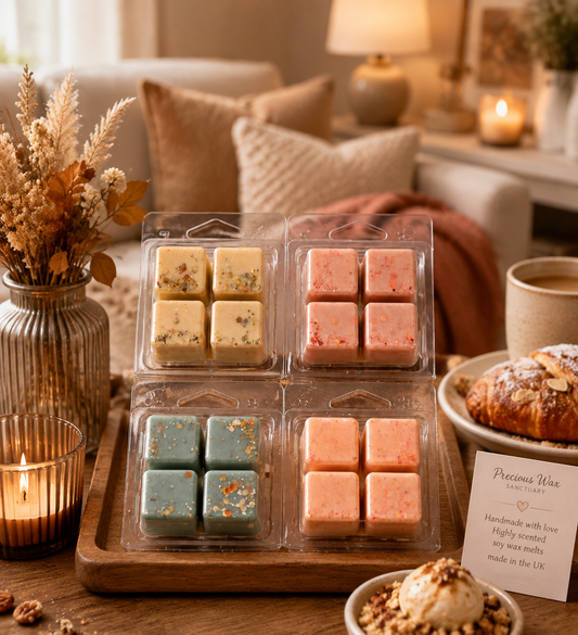 Four clear plastic clamshell packages of square wax melts arranged on a wooden board in a cozy indoor setting. The melts come in cream, pink, and light blue-green colors, with some packages featuring small dried botanical flakes.