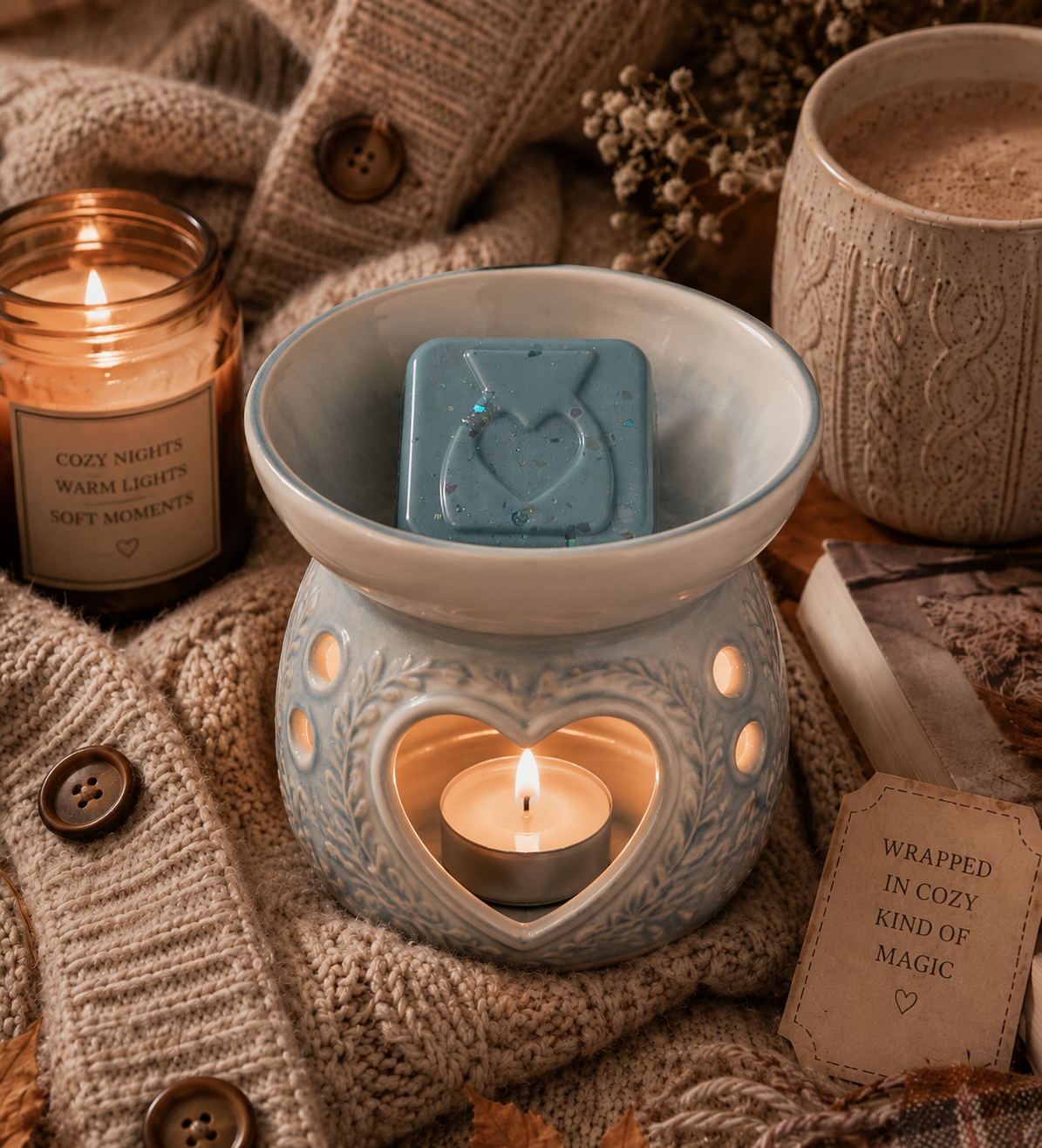 Cosy cardigan wax melt in burner surrounded by cosy autumn decor.