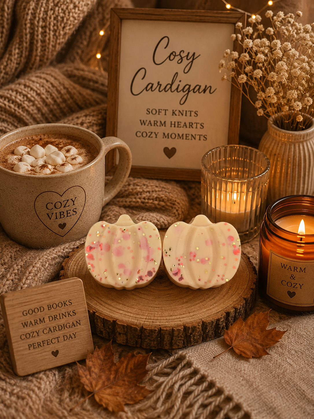 cosy cardigan scented pumpkin shape wax melts with cosy autumn background theme.