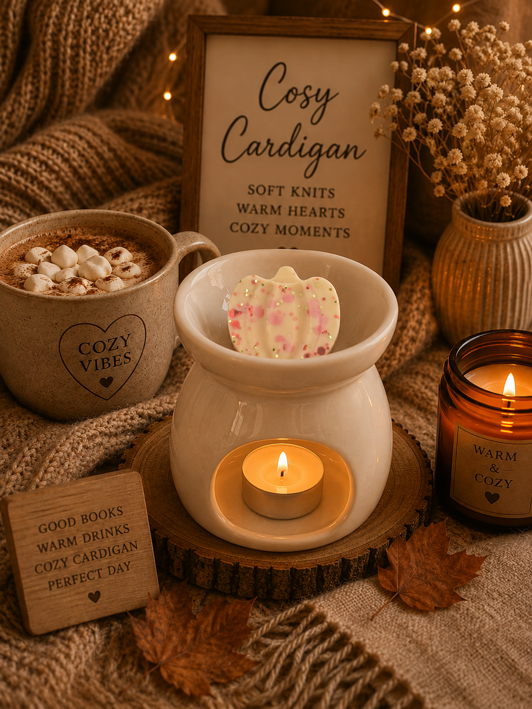 A cozy autumn-themed cozy cardigan wax melt styled on a burlap surface with a ceramic wax warmer, a mug of hot cocoa with marshmallows, a lit candle, and decorative signs.