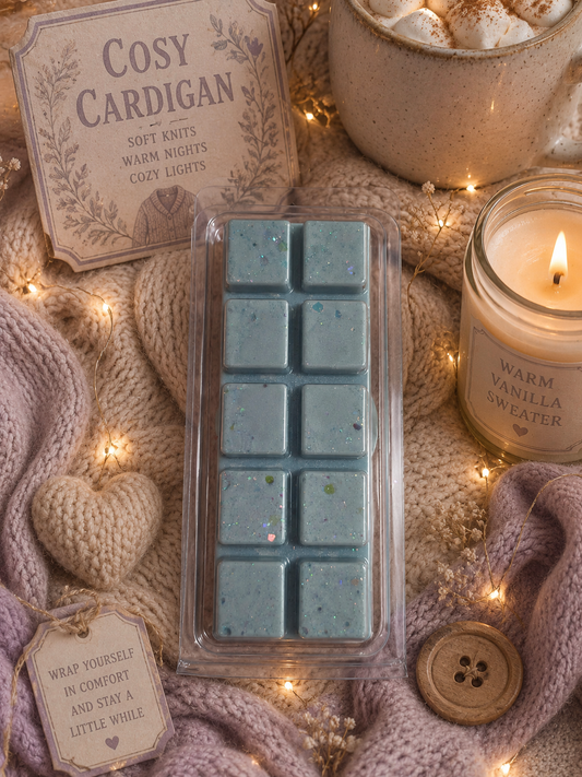 Cosy cardigan with teal wax melts, candle, and marshmallows on a knitted surface.