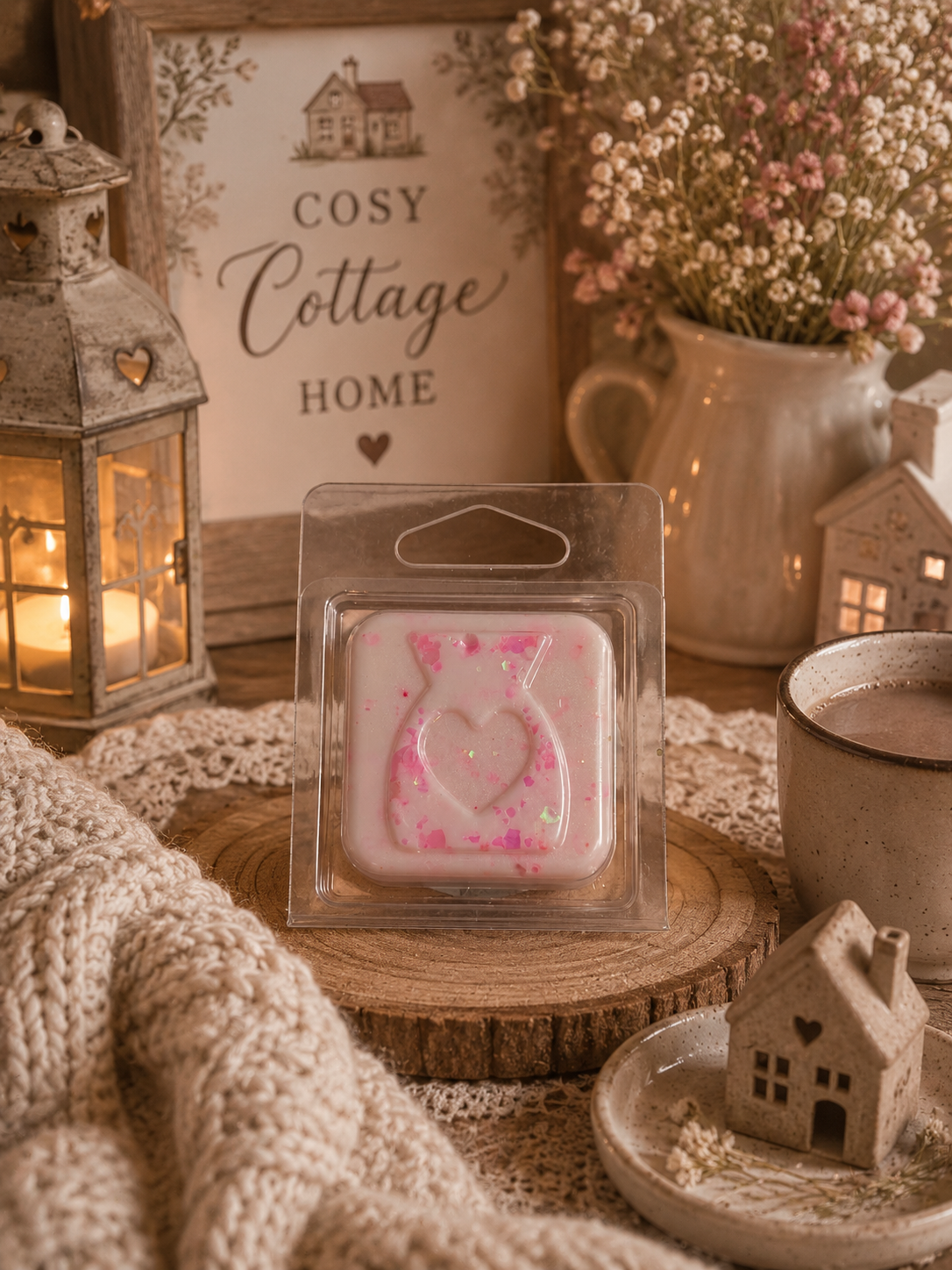 Packaged pink candle with decorative elements and wax melt on a cozy setting