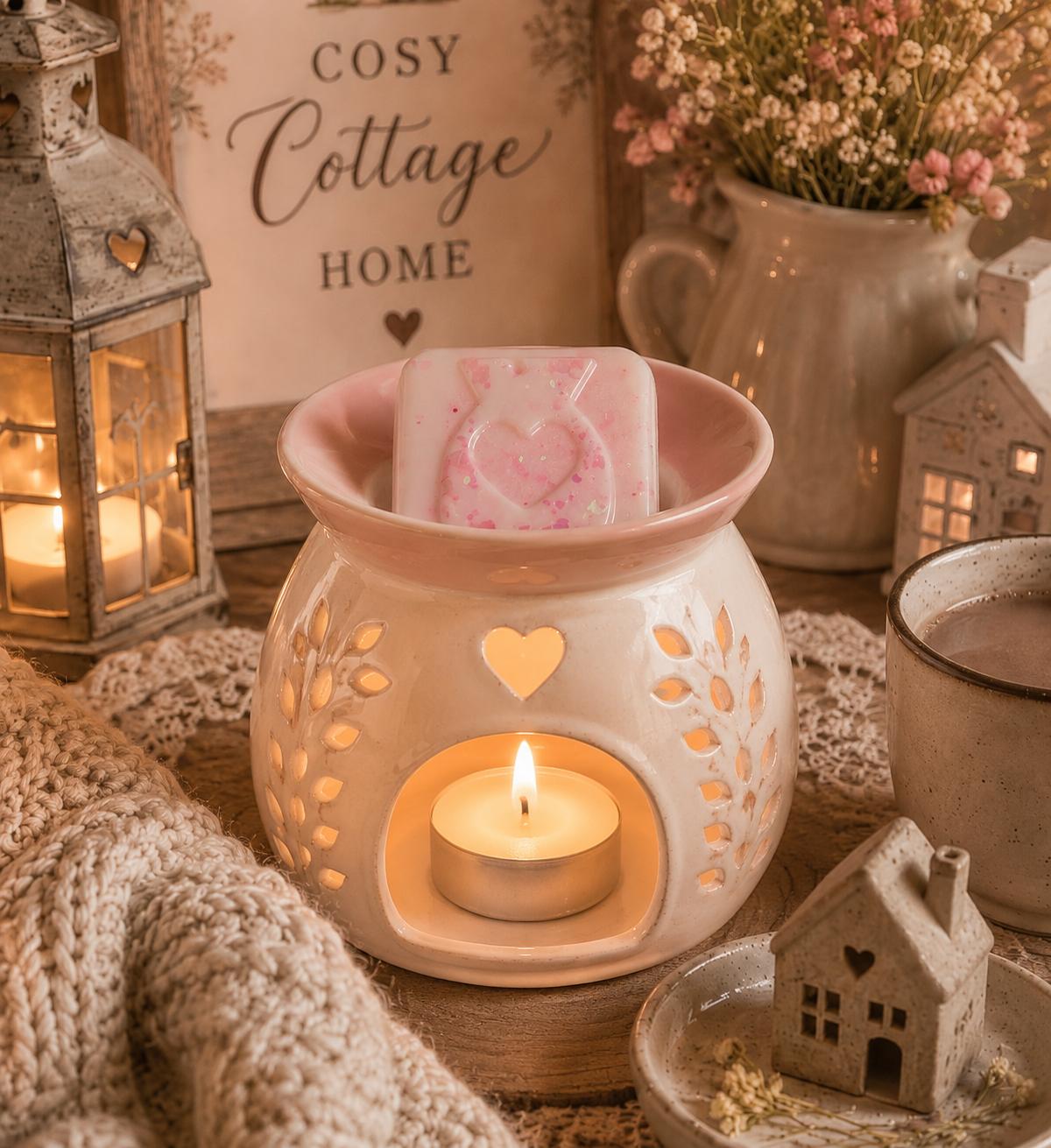 Cosy cottage wax melts in burner with cosy decor. 