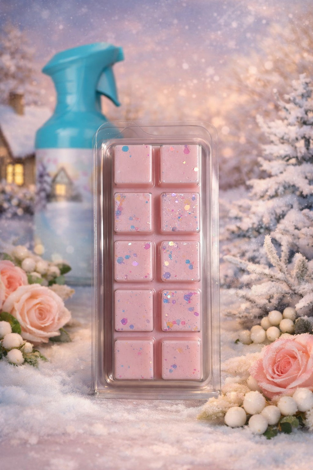 Packaged pink wax melts with a blue spray bottle against a snowy background