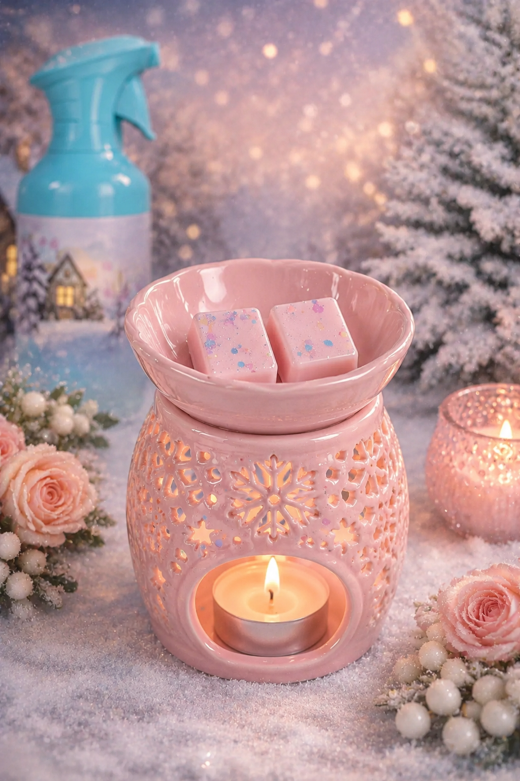 pink wax melts in burner with cosy festive background theme.