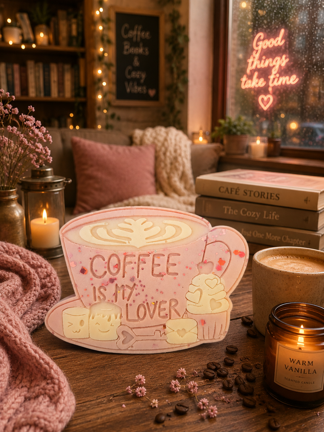 A decorative wax melt shape coffee mug sign with the words 'COFFEE IS MY LOVER' sits on a wooden table in a cozy, warmly lit room. The scene includes a pink knit blanket, a lit candle jar labeled 'Warm Vanilla', stacked books, and a glowing neon sign in the background.