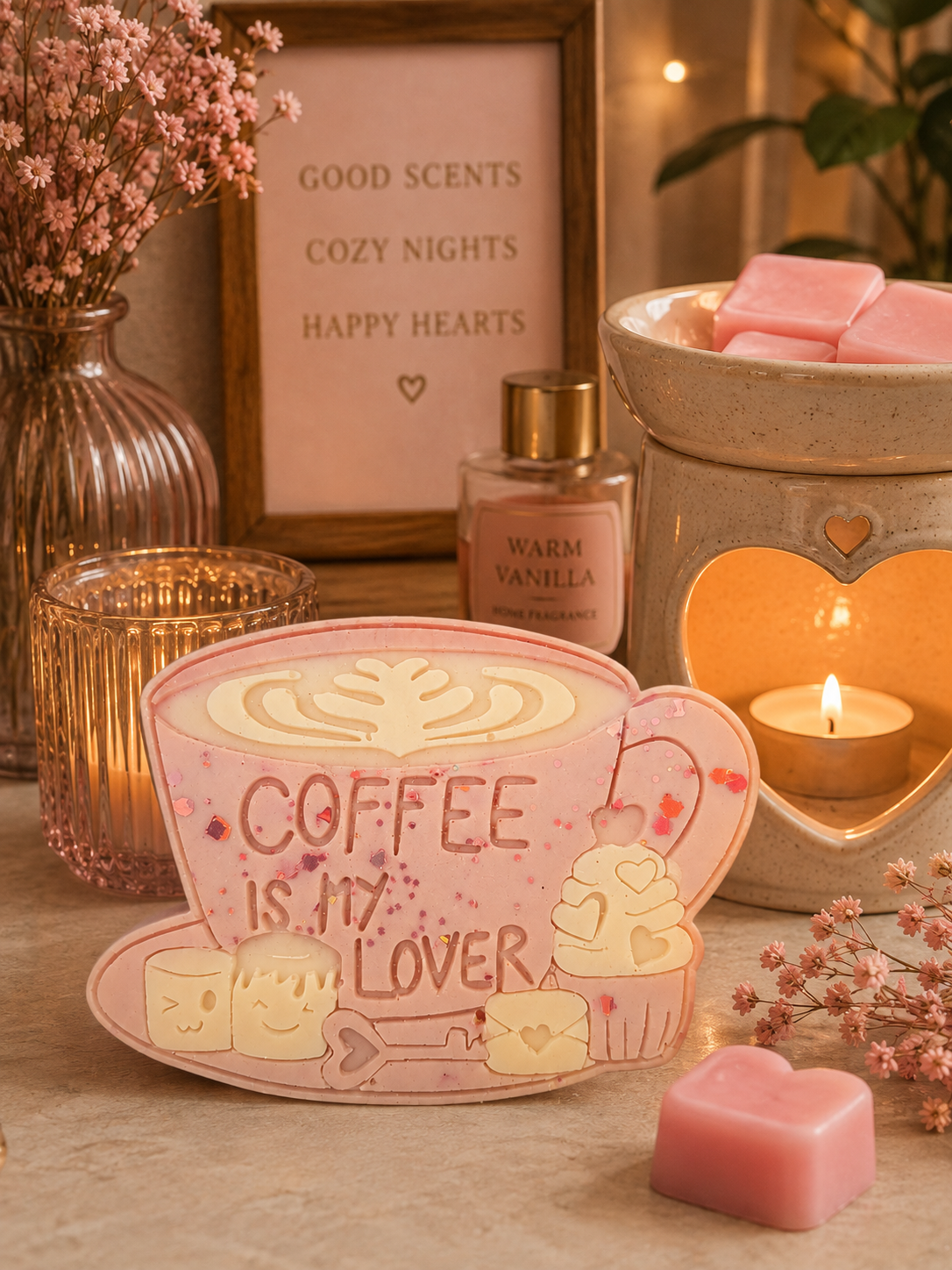 cosy coffee scented wax melt in pink theme autumn home