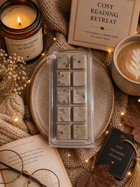 Candle, book, coffee, and wax melt tray on a cozy reading retreat theme.