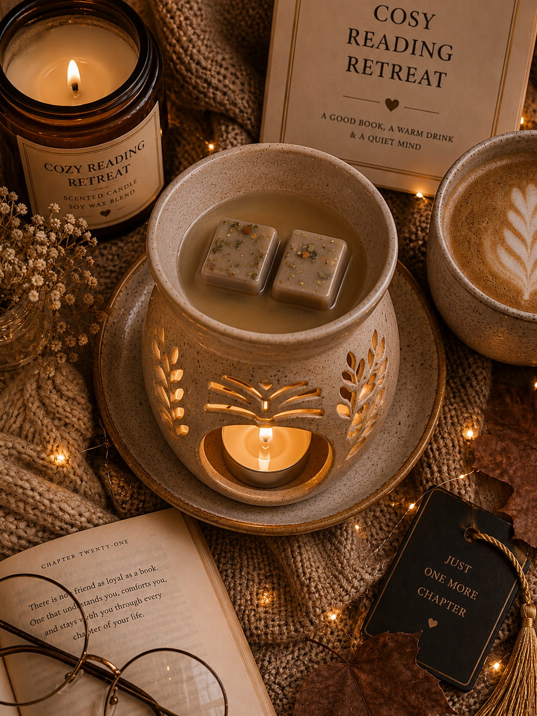 A cozy reading retreat themed flat-lay featuring a ceramic wax warmer with a wax melt inside, a cup of latte, a candle jar, an open book, glasses, and a small tag on a burlap background.