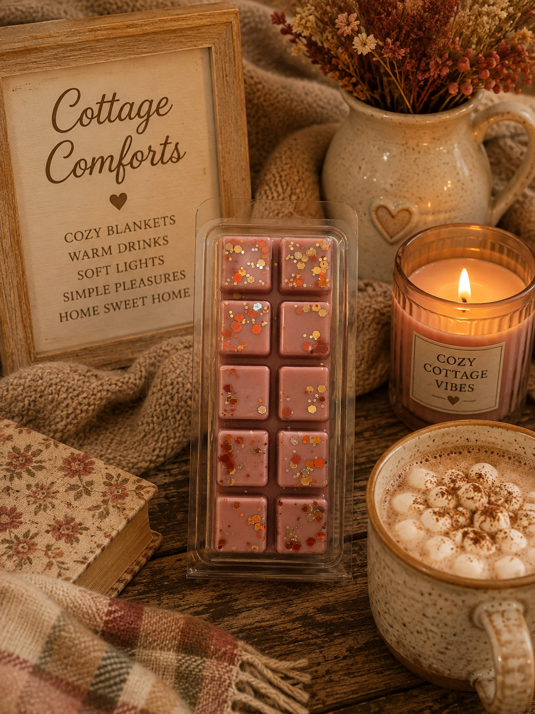 A packaged set of brown wax melts with gold and orange glitter flakes sits on a rustic wooden table surrounded by cozy home decor props, including a lit candle, a mug of hot cocoa topped with marshmallows, a framed sign reading 'Cottage Comforts,' and dried flowers in a ceramic pitcher.