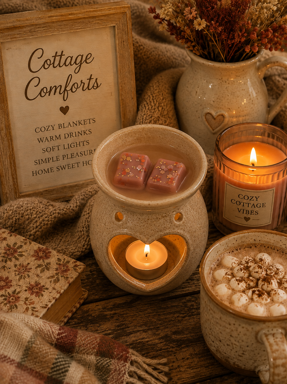 cottage comforts autumn scented wax melts in burner with cosy lounge theme.