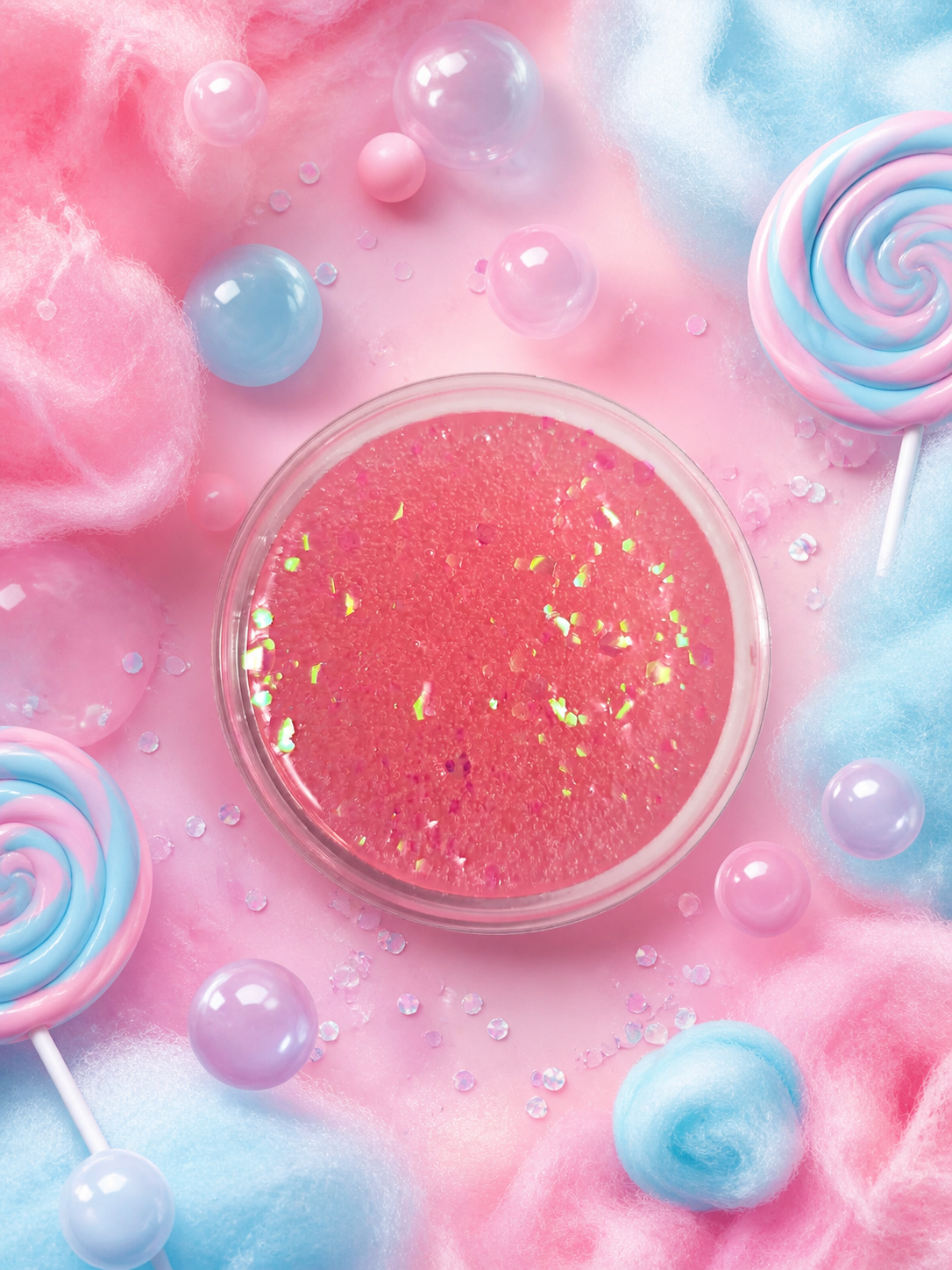 Cotton candy bubblegum gel wax melt pot surrounded by cotton candy and bubblegum.