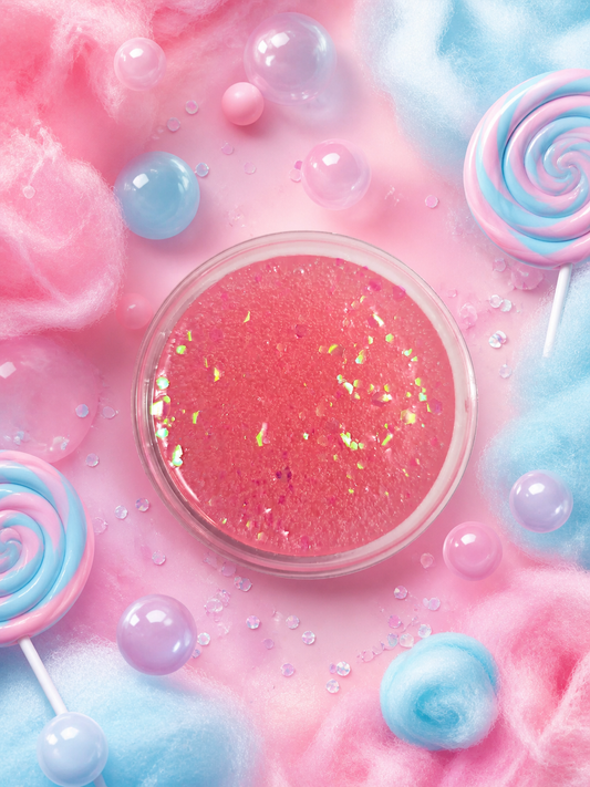 Cotton candy bubblegum gel wax melt pot surrounded by cotton candy and bubblegum.