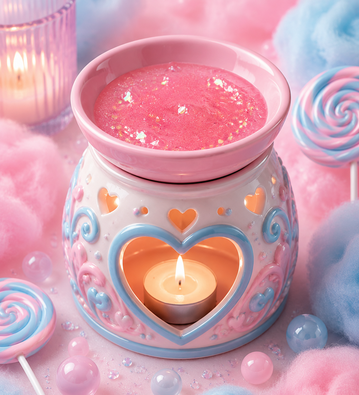 Cotton candy bubblegum gel wax melt inside pretty burner surrounded by cotton candy and bubblegum.