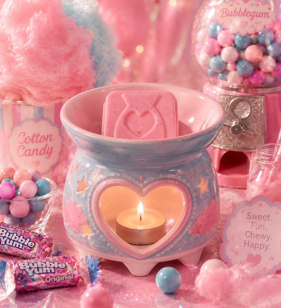 Pink wax melt in burner surrounded by cotton candy and bubblegum. 