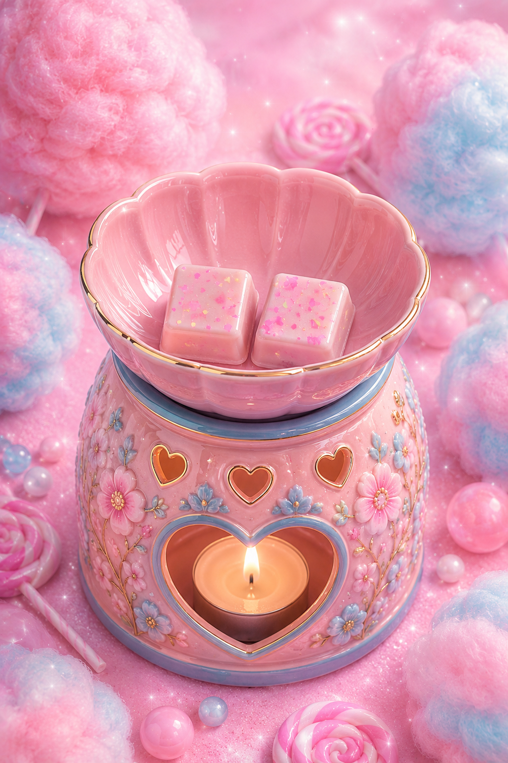 Cotton candy bubblegum wax melts in burner with pink and blue matching candy floss, sweet background. 