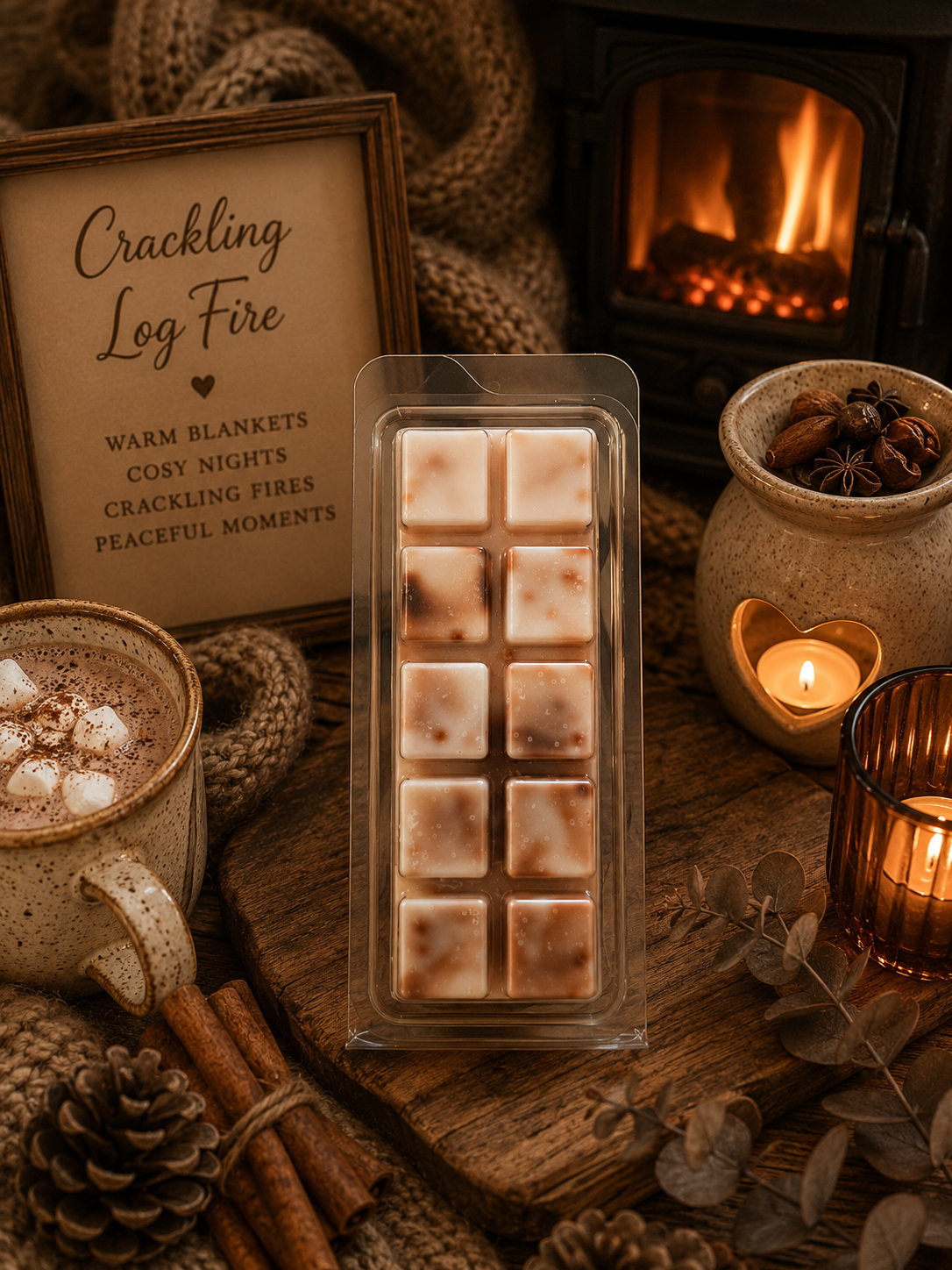 wax melt bar in a clear plastic clamshell container, displayed on a rustic wooden surface surrounded by cozy fall-themed props including a mug of hot cocoa with marshmallows, a sign reading 'Crackling Log Fire,' a candle holder, pinecones, and a fireplace in the background.