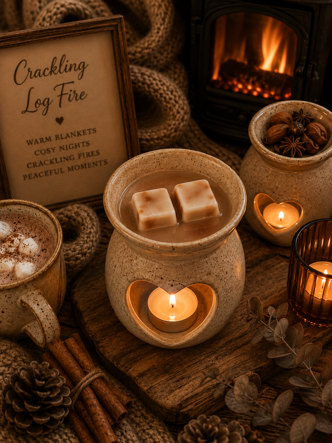 A cozy holiday-autumn theme flat lay featuring a speckled beige ceramic log warmer candle holder with a wax melt inside, topped with two cream-coloured wax cubes. The scene is styled with a mug of hot cocoa, pinecones, cinnamon sticks, a knitted blanket, and a framed sign reading 'Cracking Log Fire' against a background of a warm wood-burning fireplace.