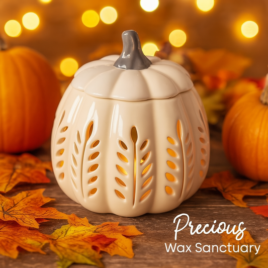Decorative pumpkin-shaped wax warmer with cut-out designs on a wooden surface with pumpkins and leaves.