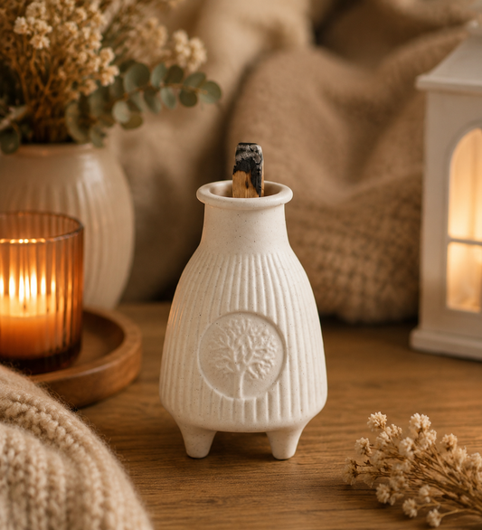 A small white ceramic incense holder with a ribbed texture and embossed tree motif, shown on a wooden surface with dried flowers, a lit candle, and a cozy knitted blanket in a warm indoor setting.