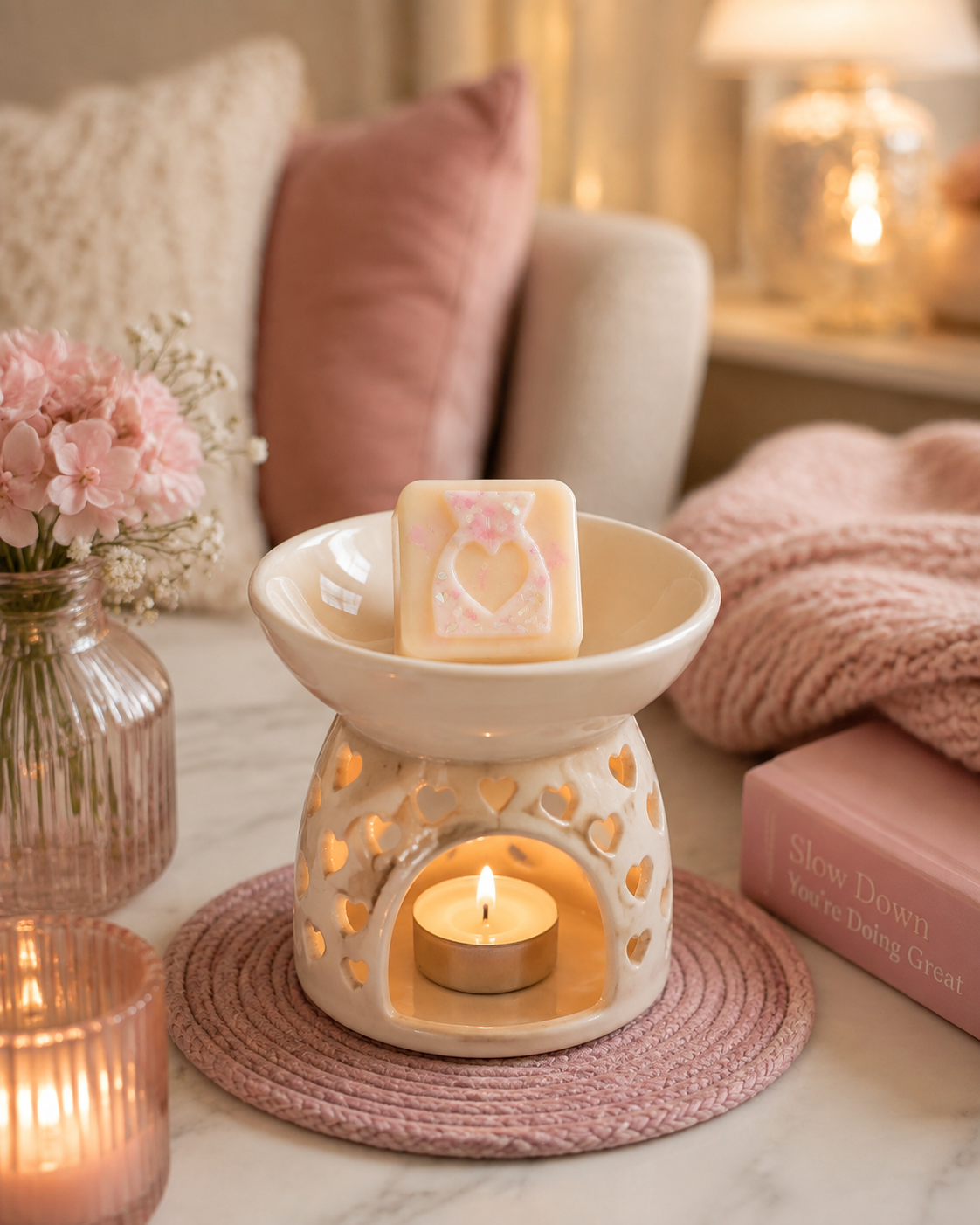 Wax melt in burner with pretty decor in home.