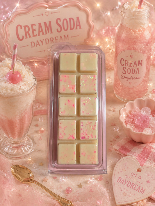 Packaged cream soda wax melts with a glass of cream soda and bottle in the background.