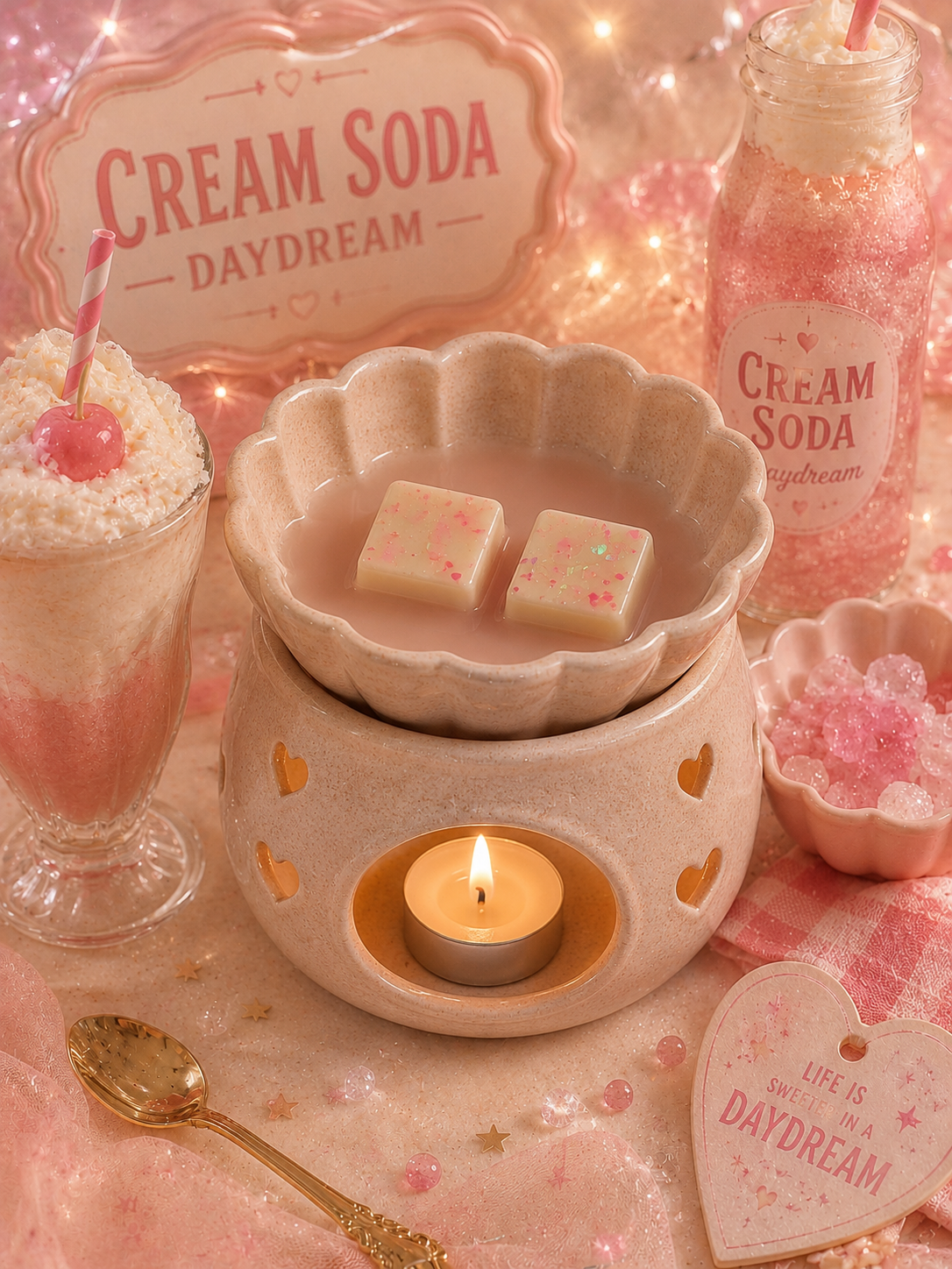 A cozy pink-themed wax melt set featuring a ceramic candle warmer with a lit tea light, two wax melts in a flower-shaped dish, a glass milkshake with whipped cream and a cherry, a bottle of pink wax melts, and decorative signs reading 'Cream Soda Daydream' and 'Life is sweet in the Daydream'.