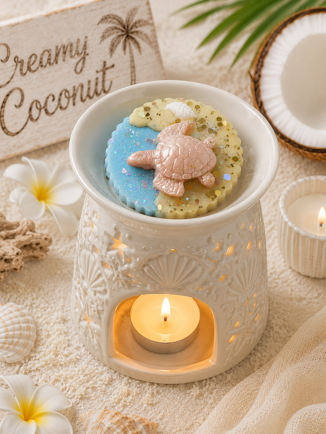 A white ceramic wax warmer with a lit tea light candle inside, holding a decorative wax melt topped with a pink sea turtle and blue glitter flakes. The scene is styled with seashells, white flowers, a coconut half, and a sign reading 'Creamy Coconut' on a sandy surface.