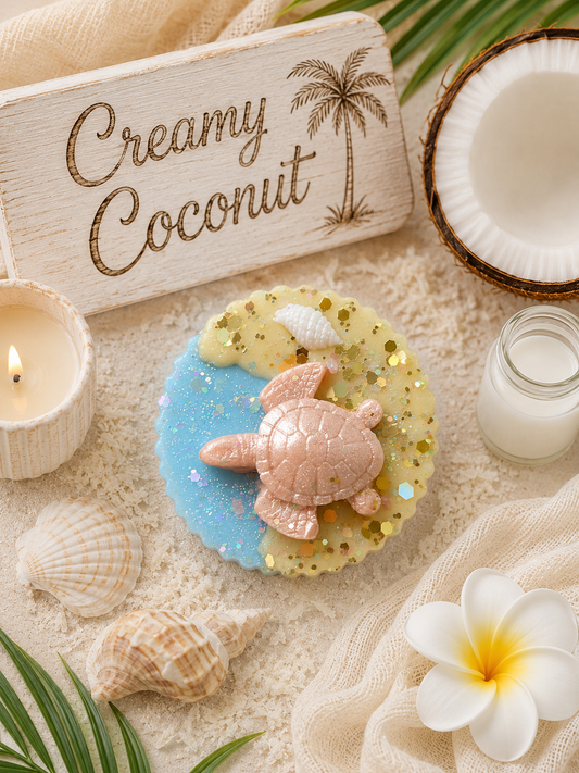 creamy coconut turtle wax melt shape on beach.