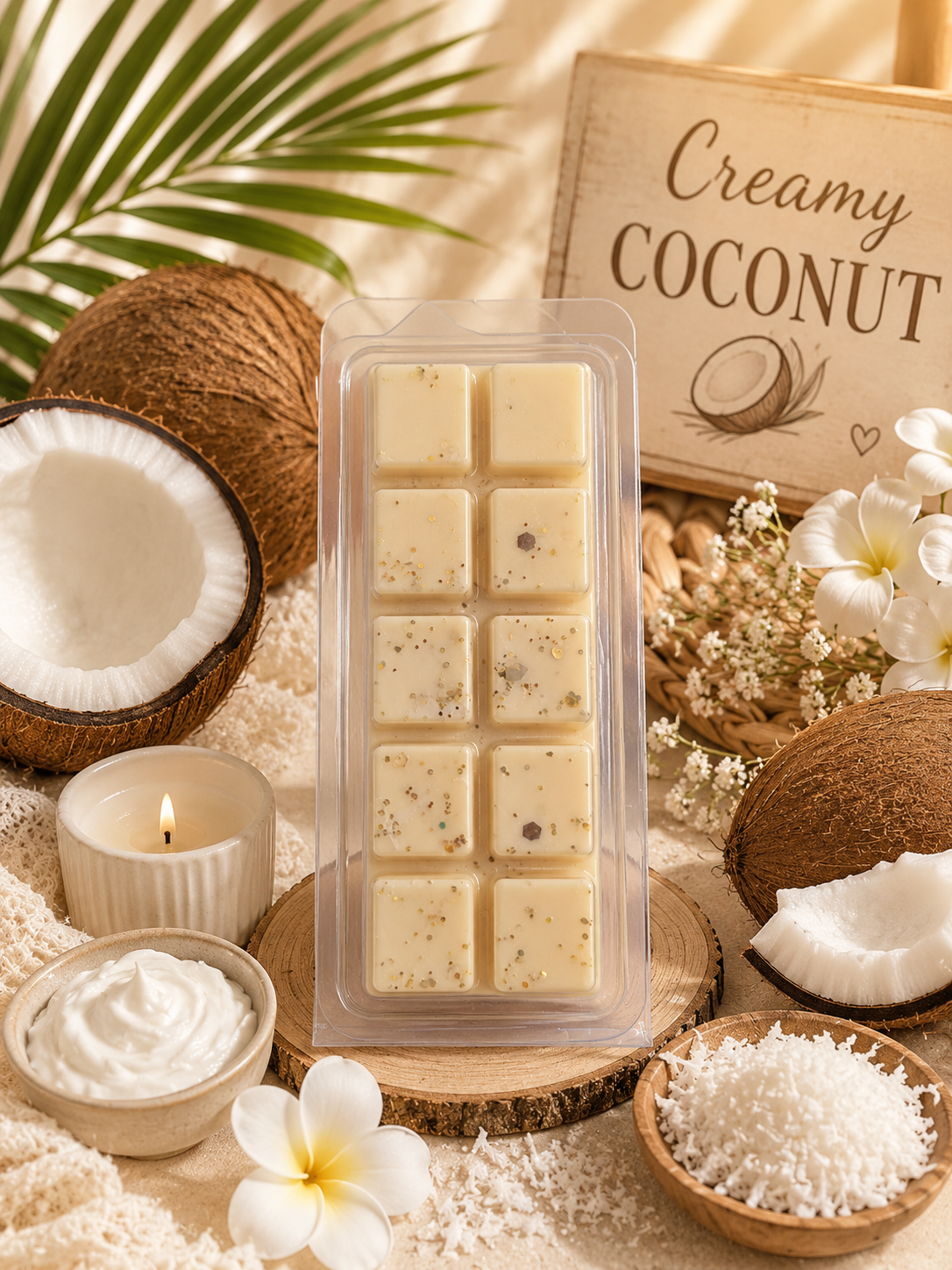 Packaged cream-colored wax melts with coconuts, flowers, and a candle on a light background